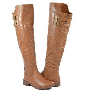 Women Dual Buckle Design Over Knee High Boots Western Design Tan